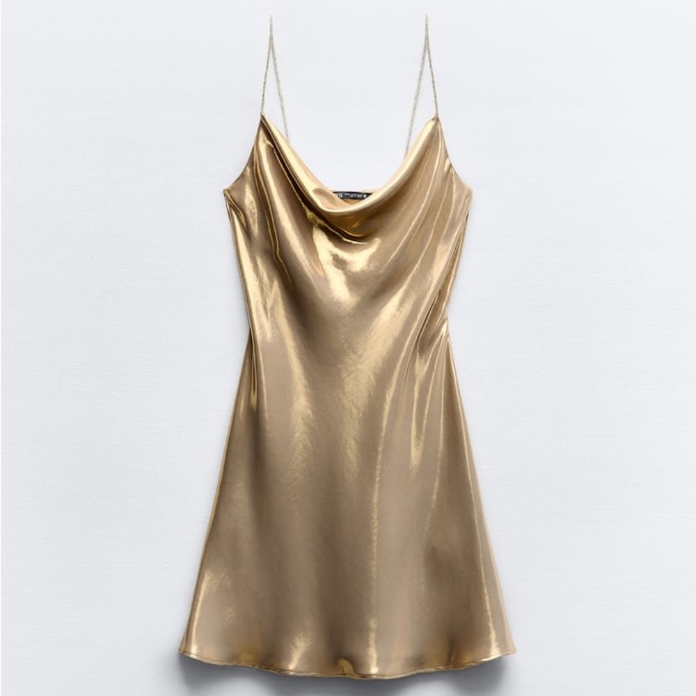 ZARA RHINESTONE STRAP FOIL MINI DRESS